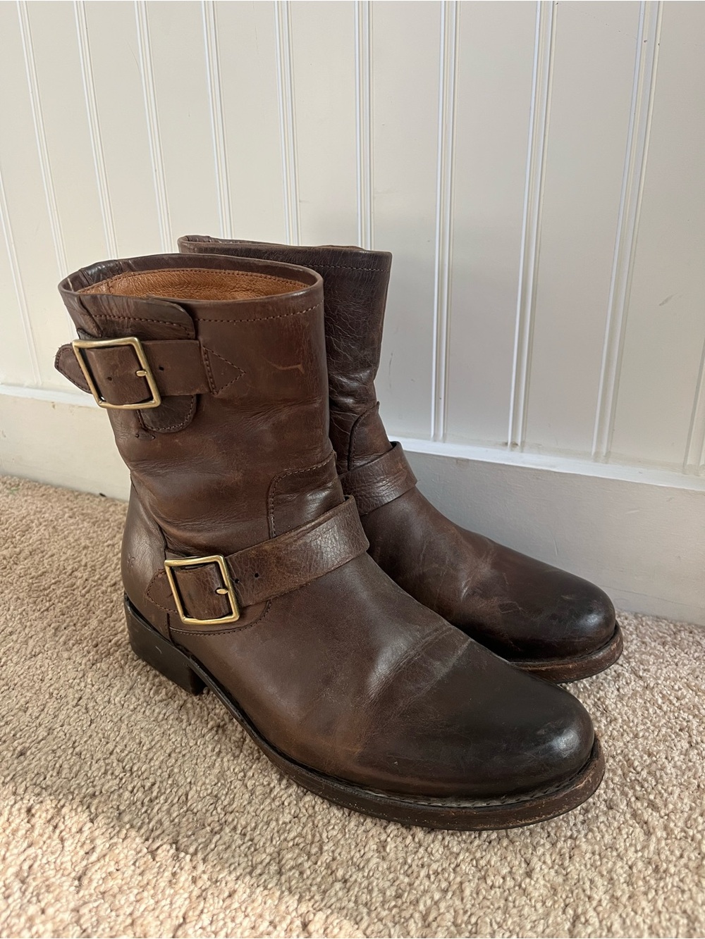 Frye Brown Leather Buckle Engineer Boots